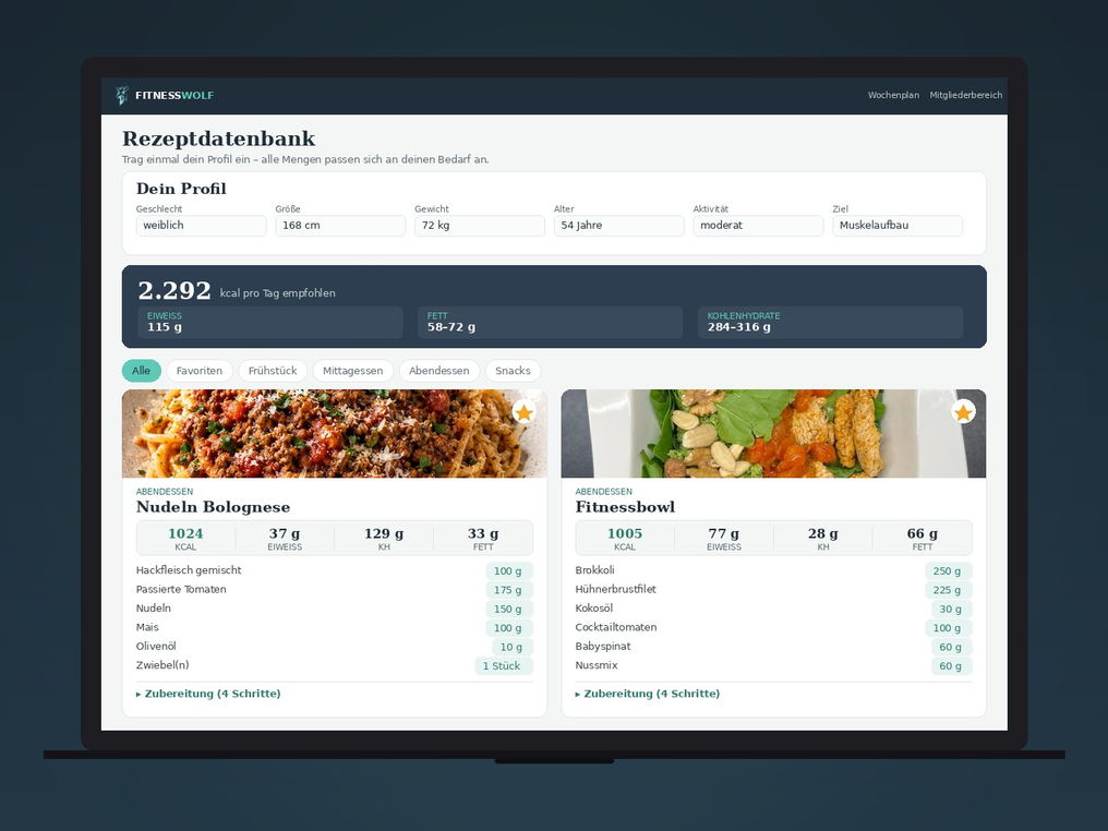 The recipe database: quantities adjust automatically to your profile