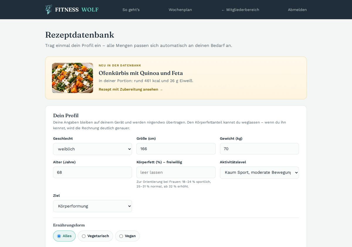 Profile form of the recipe database with height, weight, age, activity level and goal