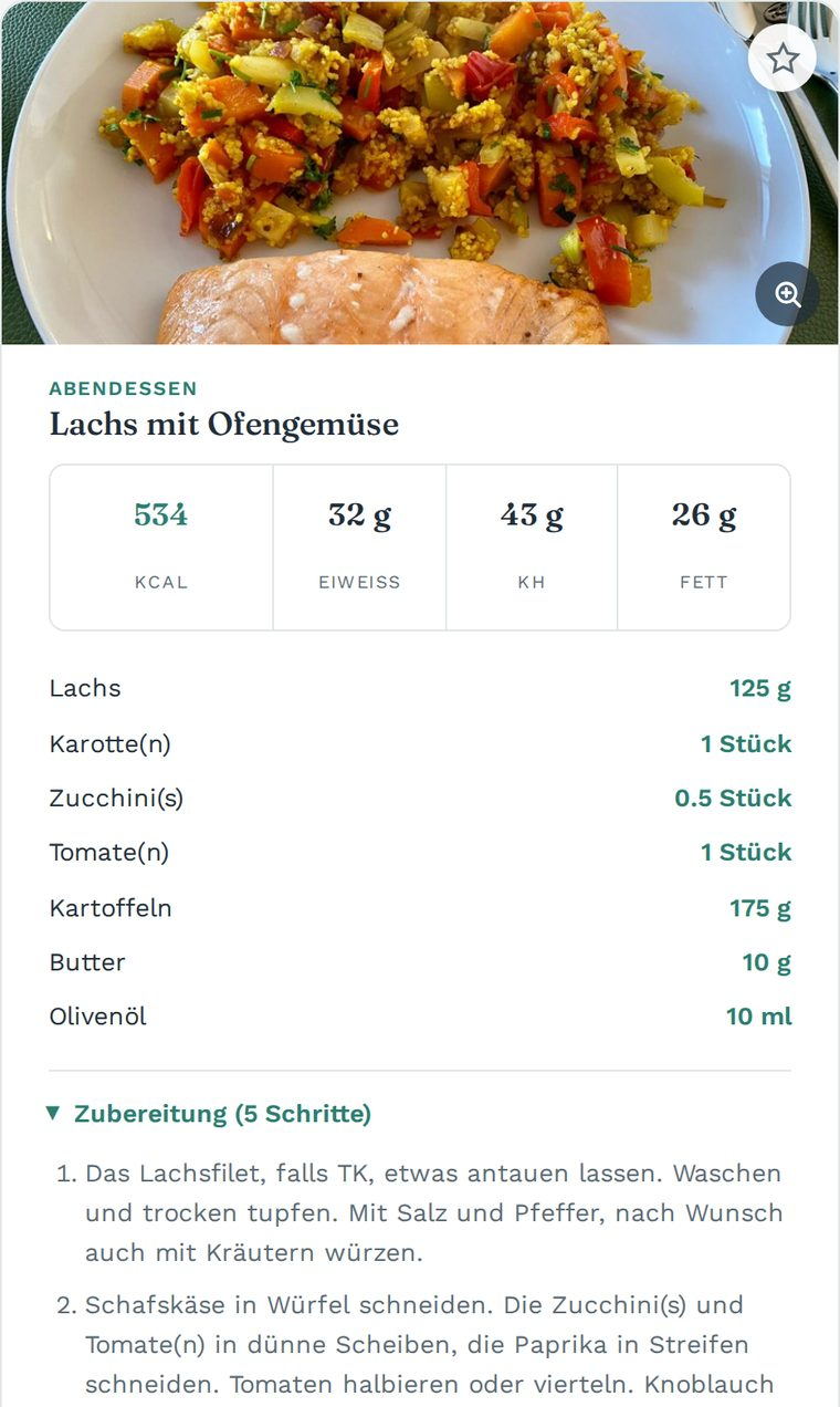 The recipe for salmon with roasted vegetables, showing converted quantities and nutrition values